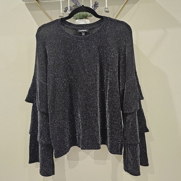 Express Black Silver Threaded Sparkly Tiered Bell Sleeve Top Size Large - Picture 3 of 10